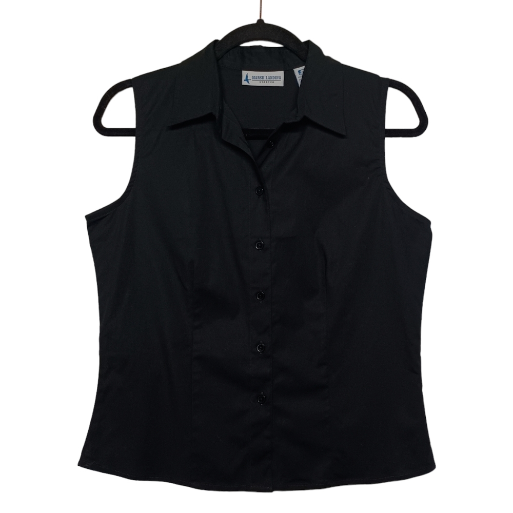 MARSH LANDING STRETCH Black Button Front Collared Sleeveless Top Small